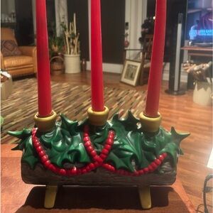 Vintage ceramic Christmas yule log with three candle holder slots winter decor